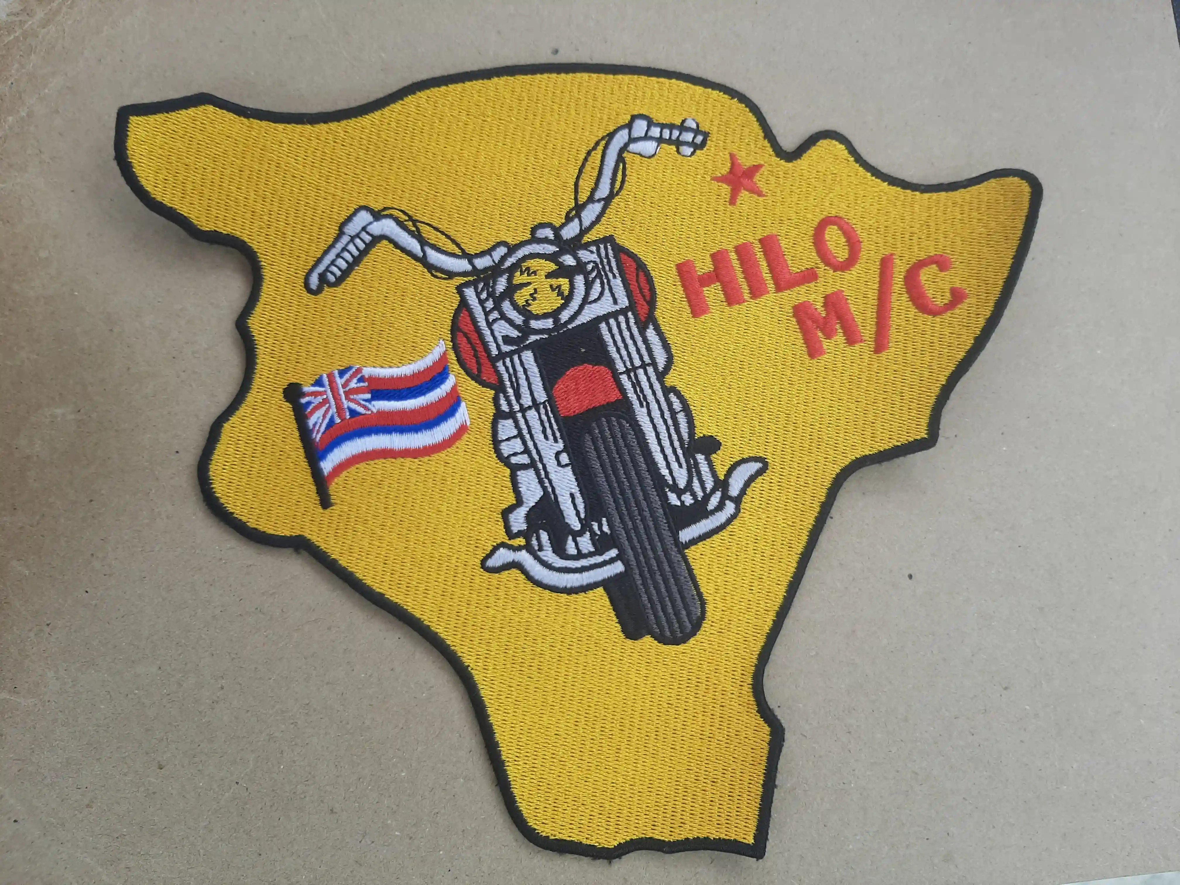 Twill State Shape with Hilo and a Motor Cycle in the middle with Hawaii State flag Bike_Biker Group Club Motorcycle Bike Club